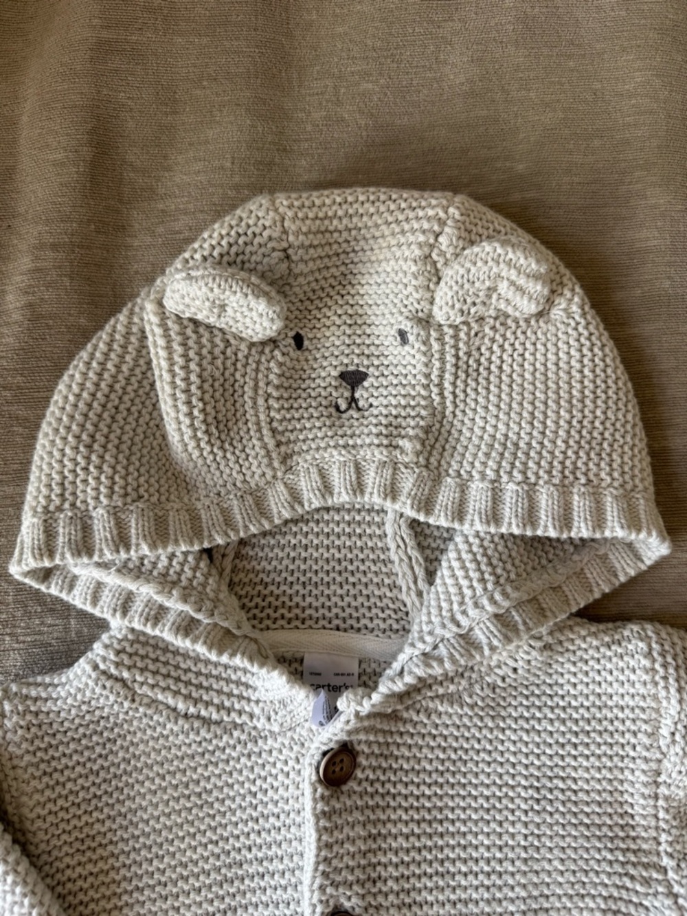 Carter’s Baby Knit Bear Hoodie Cardigan 24M Cream Button Up Sweater Cute Neutral - Picture 3 of 9